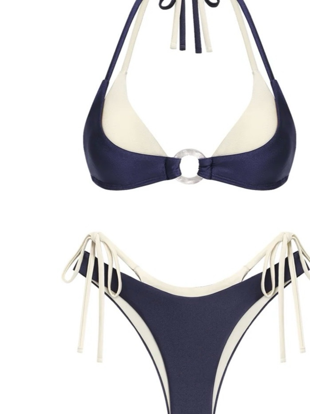 Reversible Navy and Cream Triangle Bikini Set with Center Ring